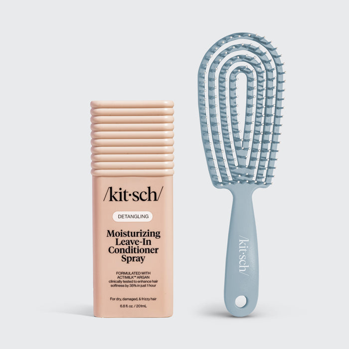 KITSCH Haze Blue Detangling Bundle — hero product flat-lay — Moisturizing Argan Milk Leave-In Conditioner with Haze Blue Detangling Flexi Brush — for frizz-free, tangle-free hair