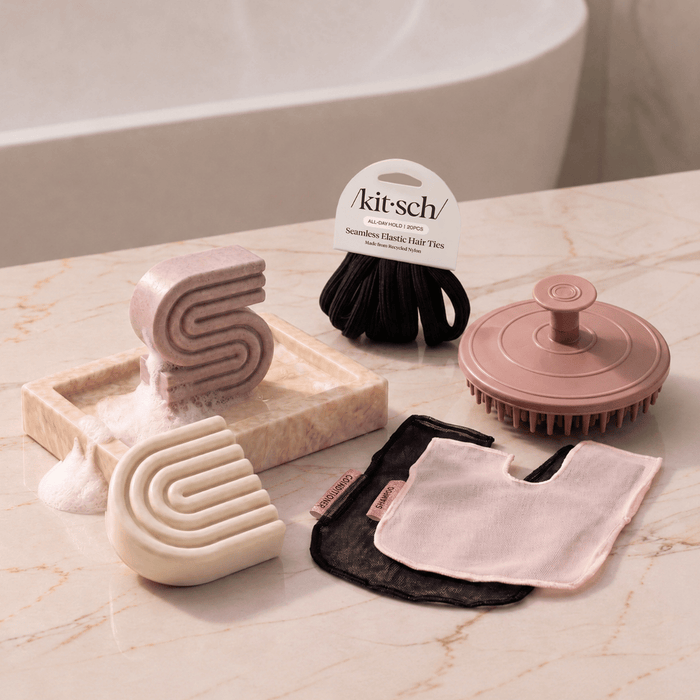 Rice Water: Kitsch Free Welcome Kit with Rice Water shampoo and conditioner bars, Terracotta Scalp Exfoliator, Blush Shampoo Bar Bag, Black Conditioner Bar Bag, and Black Seamless Hair Elastics.