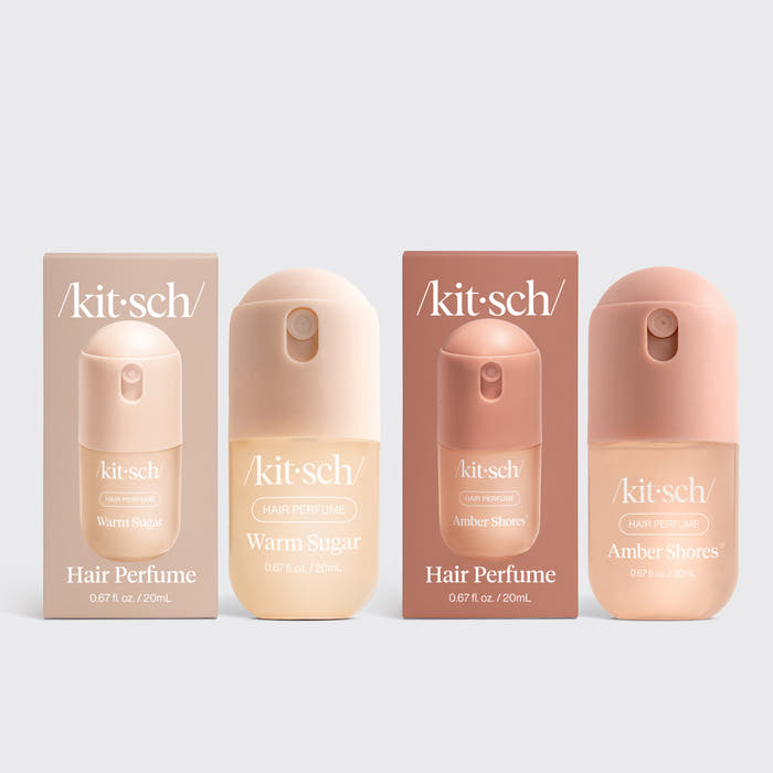 KITSCH Vanilla Vacation Minis Duo — product shot — Amber Shores & Warm Sugar 20mL mini hair perfume bottles and boxes side by side on white studio background — layer for a custom signature scent