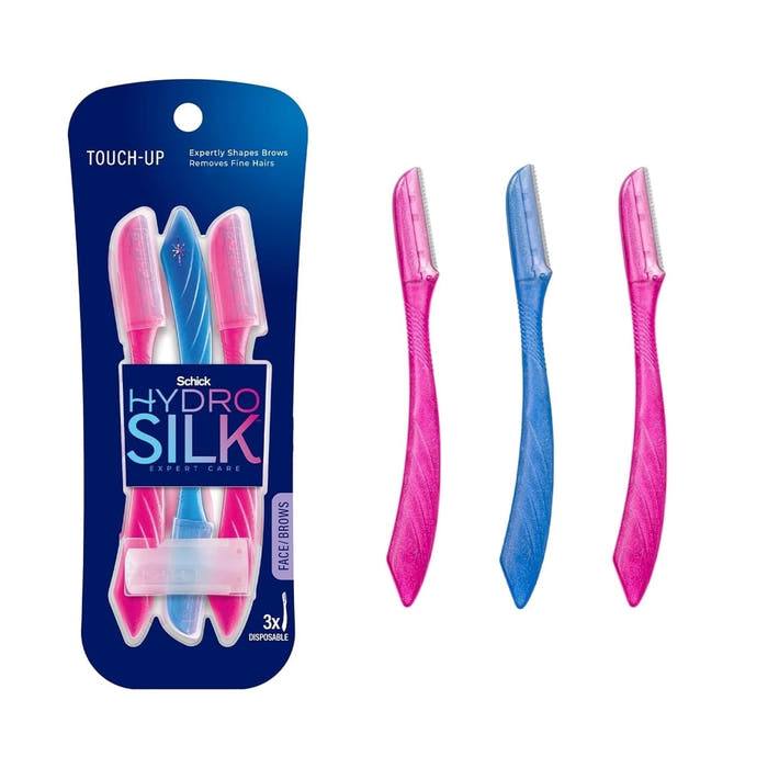 Schick Hydro Silk Touch-Up Dermaplane Razor for Women Face, 3 ct | 3-in-1 dermaplaning tool, Removes peach fuzz, Exfoliating face razors for women, Includes precision cover to shape brows.