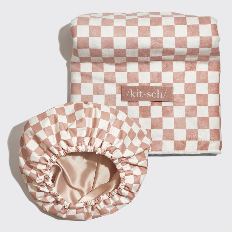Satin Lined Flexi Shower Cap XL Hair Towel Bundle KITSCH