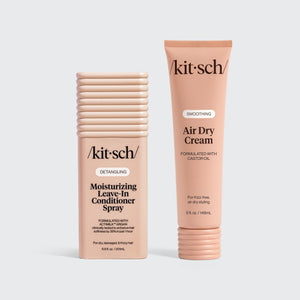 Kitsch hair care set featuring a Moisturizing Leave-In Conditioner Spray bottle and an Air Dry Cream tube in a matching peach-beige color, displayed on a light gray background.